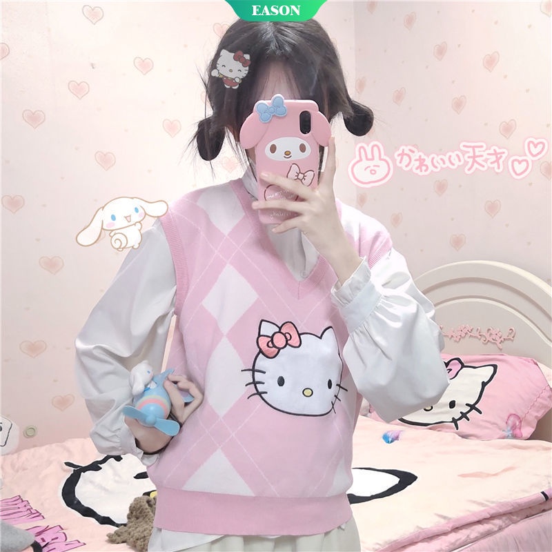 Áo Len Cổ Chữ V Không Tay Dáng Rộng In Hình Hello Kitty Phong Cách Kawaii Thời Trang Thu Đông Cho Nữ Sinh 2021