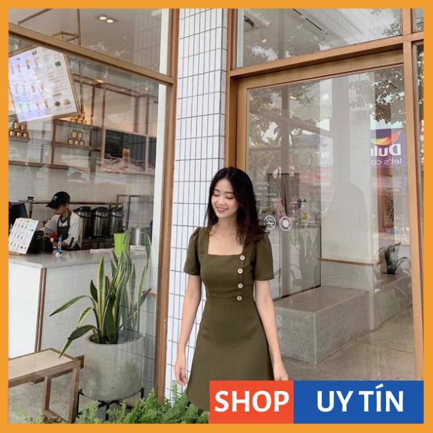 [Hàng Cao Cấp] Đầm Nữ Cổ Vuông Phối Nút | BigBuy360 - bigbuy360.vn