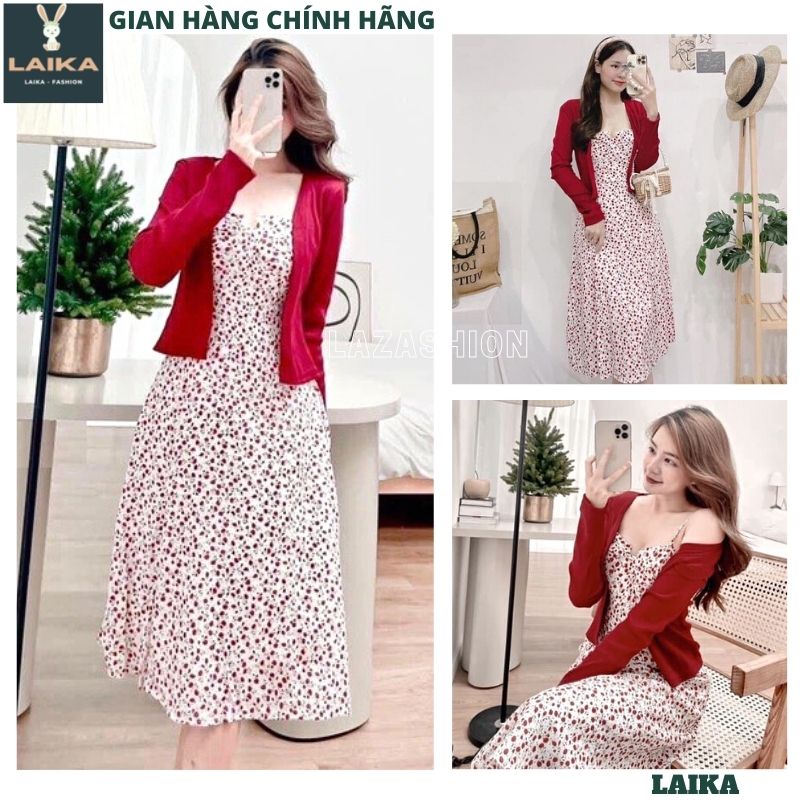 Sét đầm 2 dây hoa nhí đỏ kèm áo choàng ngoài kiểu dáng hàn quốc ulzzang ,váy công chúa , váy tiểu thư bánh bèo dễ thương