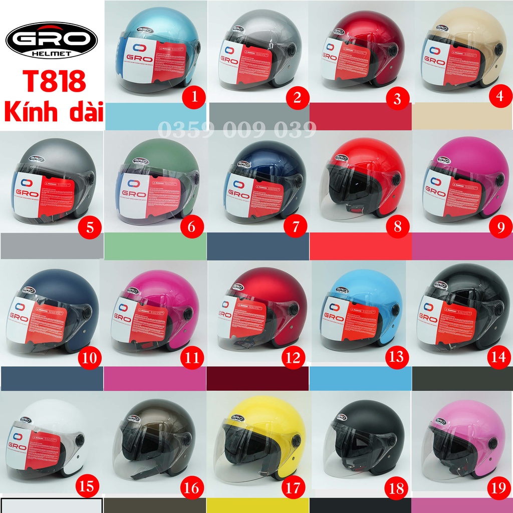 Mũ Bảo Hiểm 3/4 đầu GRO Helmet T818 có kính dài che cả mặt, kiểu dáng thời trang cho nữ, khóa kim loại - Nhiều Màu