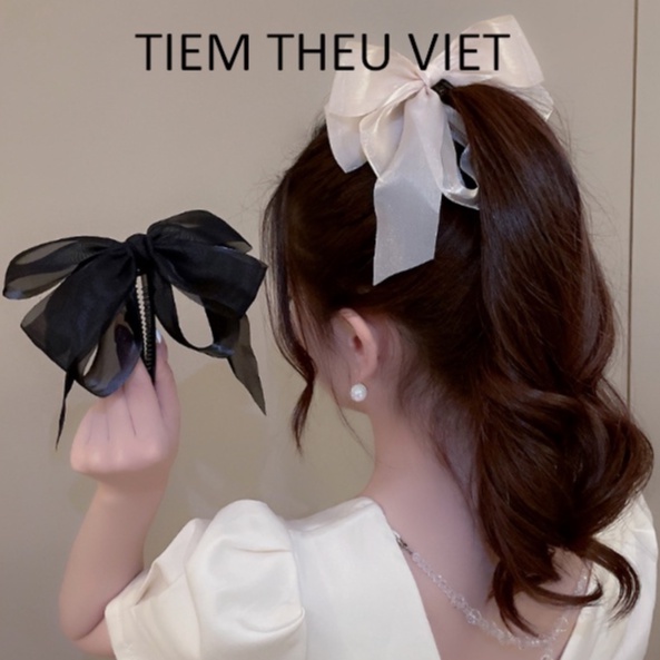 Kẹp Tóc Đính Nơ Tiệm Thêu Việt Dáng Dọc