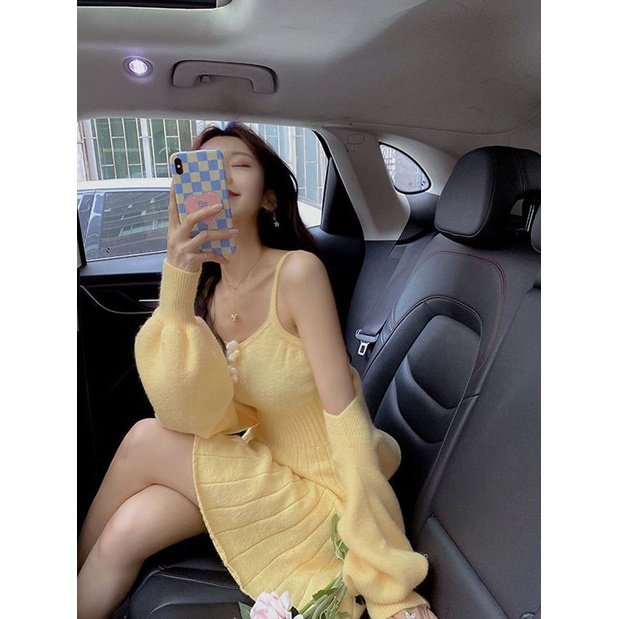 Bộ Đầm Dệt Kim Hai Dây + Áo Khoác Cardigan Xinh Xắn Thời Trang 2023