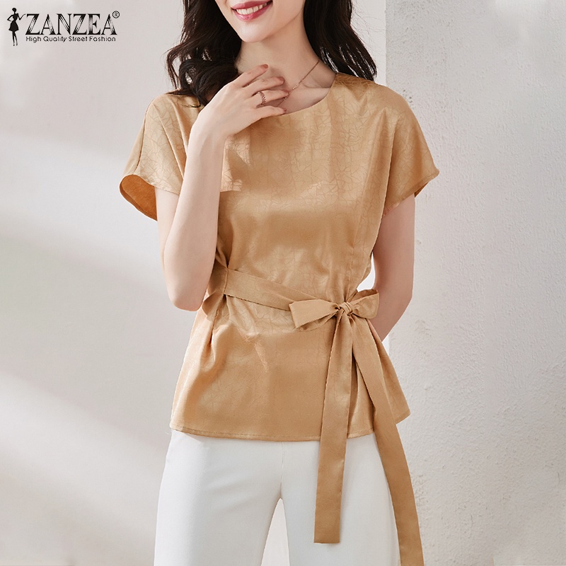 Zanzea Áo Satin Cổ Tròn Thắt Dây Eo Tay Ngắn Thanh Lịch Dành Cho Nữ