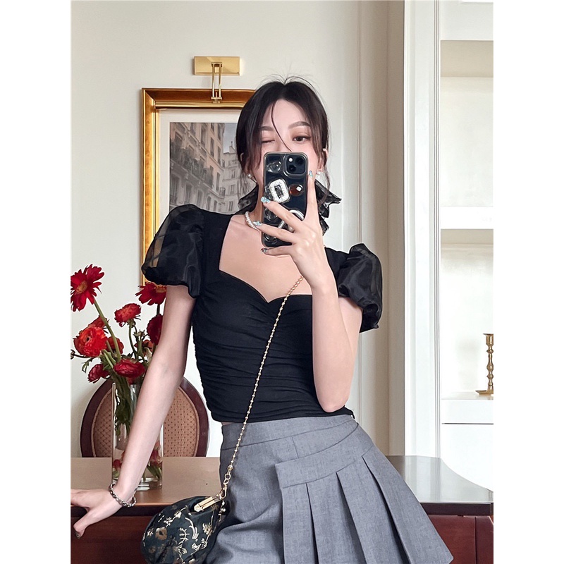 Áo thun tay ngắn phồng dáng ôm thời trang mùa hè phong cách Hàn Quốc cho nữ