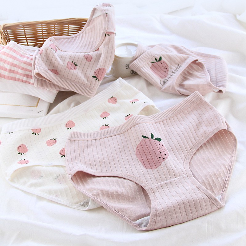 Quần lót cotton màu hồng hoạ tiết dâu dễ thương cute QL73