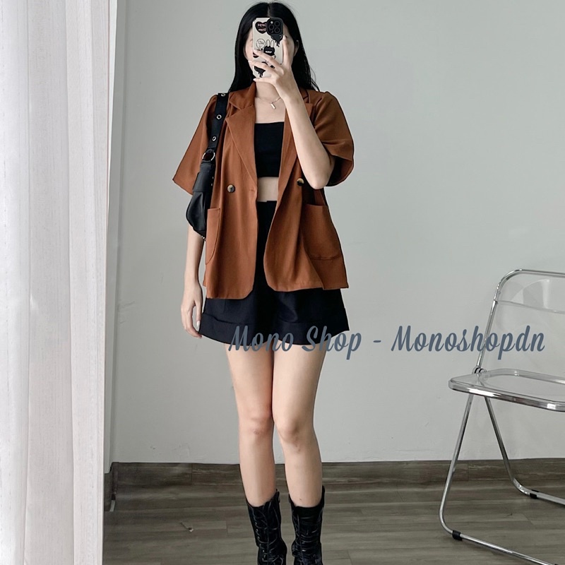 Áo blazer ngắn tay túi hộp nhún vai Ảnh thật/ sẵn