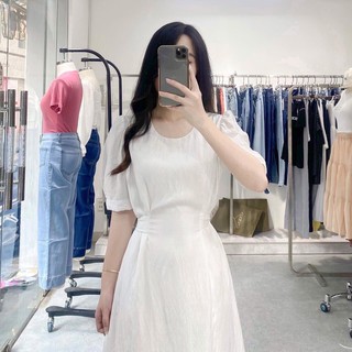Đầm váy freesize trắng cổ tròn thắt eo