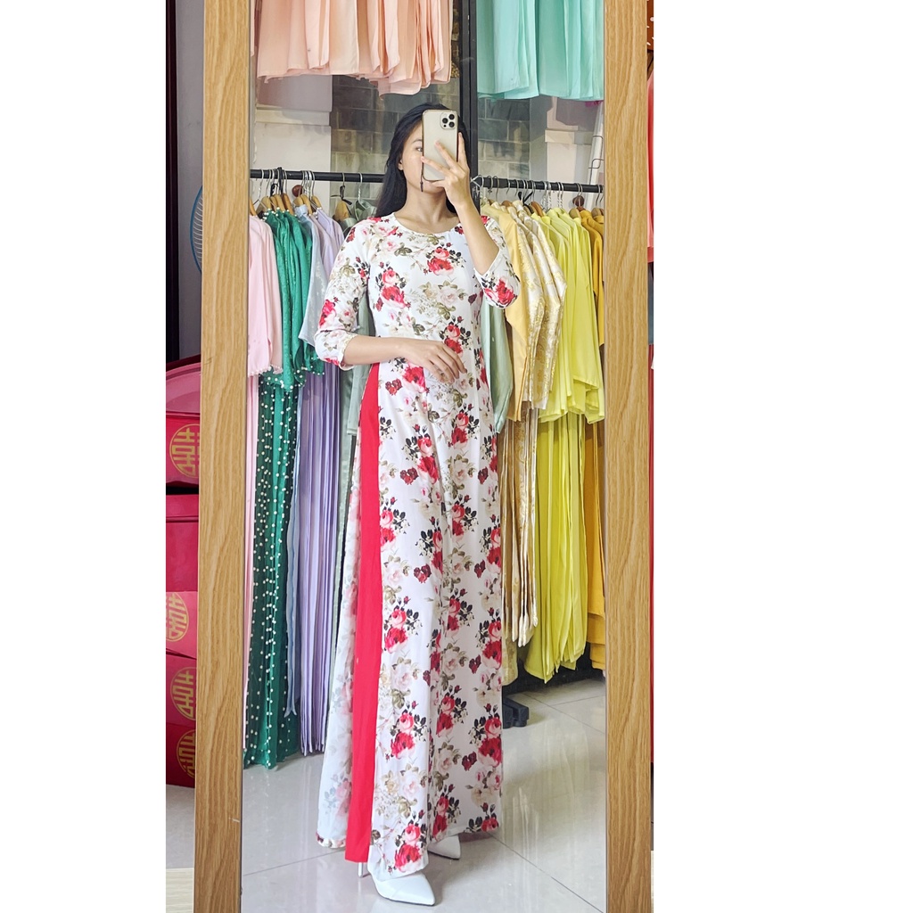 Áo dài in hoa nhí họa tiết cổ điển - áo dài trắng hoa đỏ hoa tím