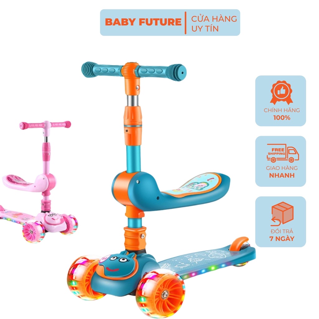 Xe trượt cho bé 3in1 - Xe trượt scooter gấp gọn bánh phát sáng có ghế ngồi có nhạc.