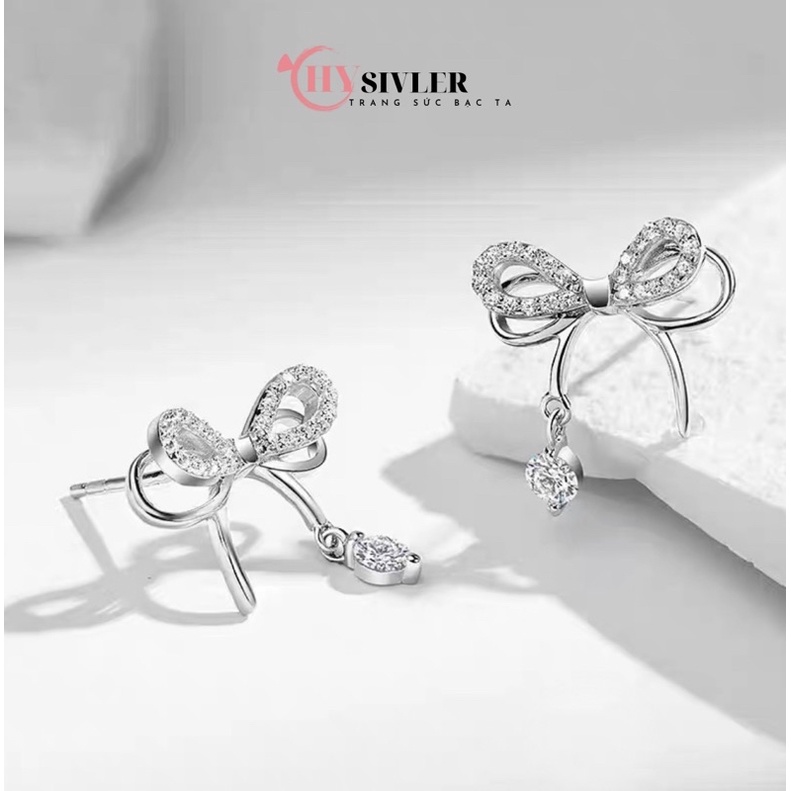 Bông tai bạc ta nơ kép nạm đá đính đá rơi nữ tính sang chảnh bông tai nữ bạc thật