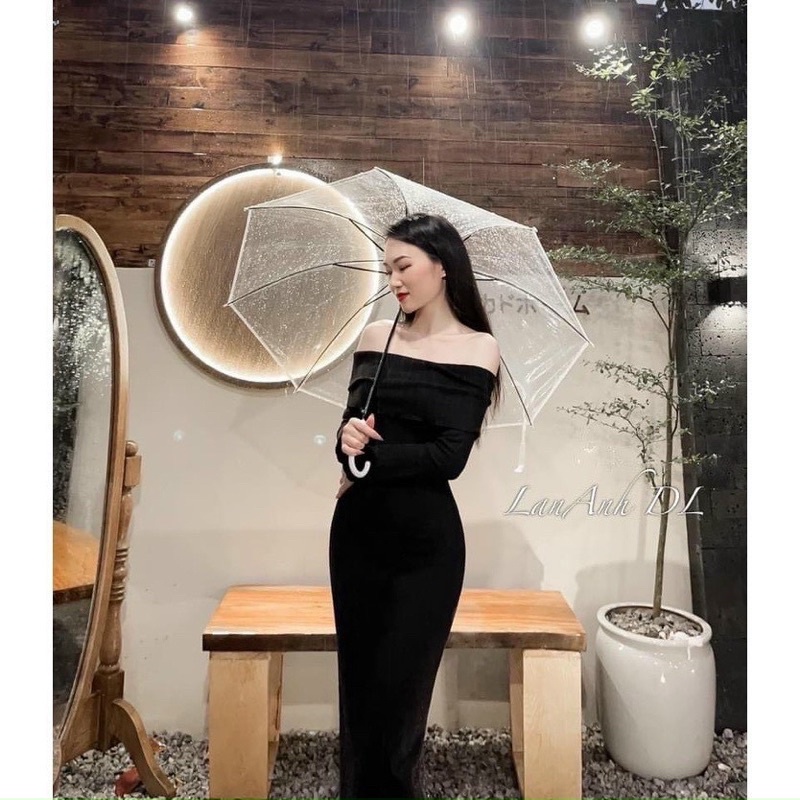 Đầm TK body trễ vai len tăm dáng dài(Đỏ-Đen)