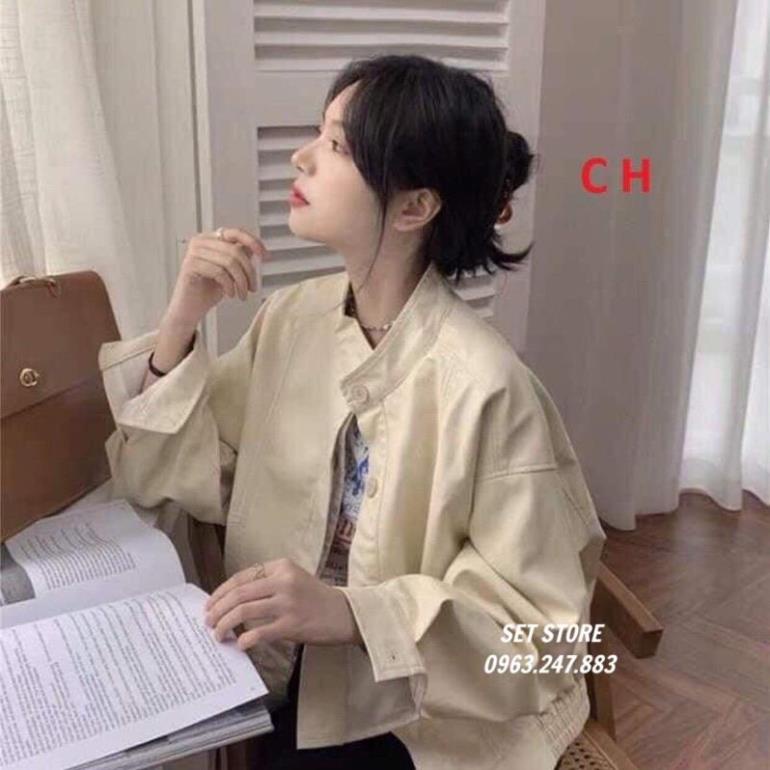 Áo khoác da nữ cổ trụ, màu đen trơn basic,dáng rộng ulzzang thu đông &lt;55kg