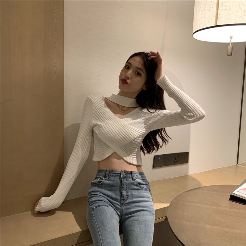 Áo sweater dệt kim ZHELIHANGFEI tay dài cổ chữ V dáng ôm quyến rũ thời trang cho nữ