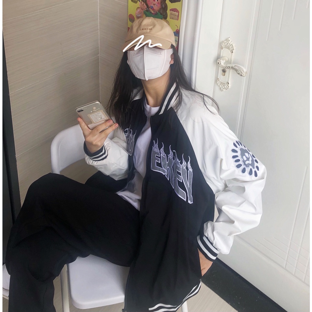 Áo khoác bóng chày dáng rộng phối khóa kéo thêu họa tiết kiểu Hàn Quốc cá tính cho học sinh