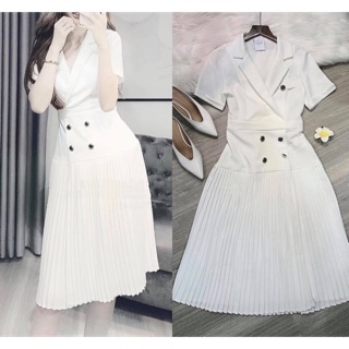 Váy cổ vest trắng sang chảnh chân xếp ly cúc đen