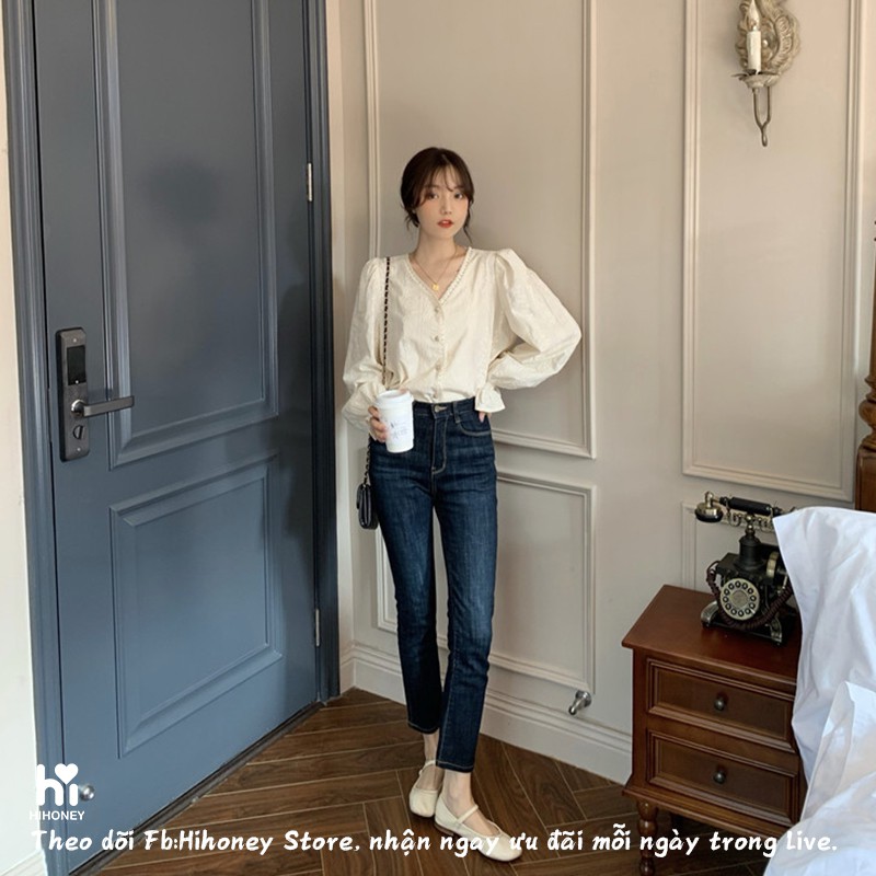 Áo sơ mi cổ V tay chun phong cách quý cô paris ngọt ngào đẳng cấp