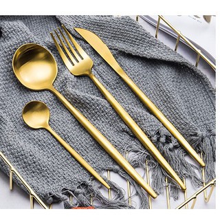 Set 4 món thìa dao dĩa inox dụng cụ ăn cá nhân mạ vàng cao cấp phong cách hoàng gia Cutlery set