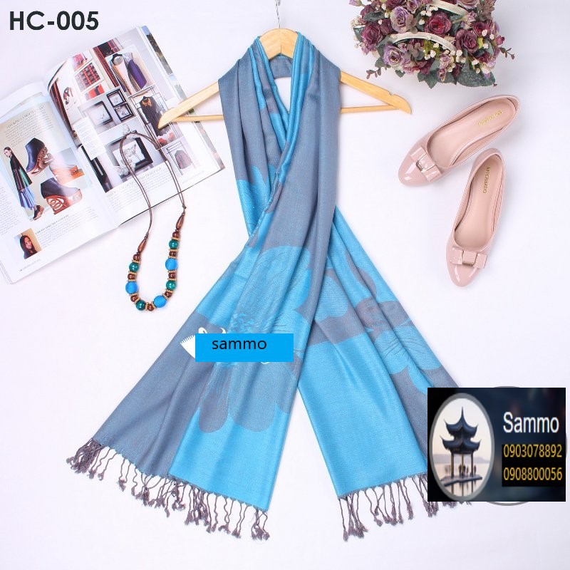 Khăn Choàng Cổ Lụa 2 Mặt Pashmina Màu Xanh