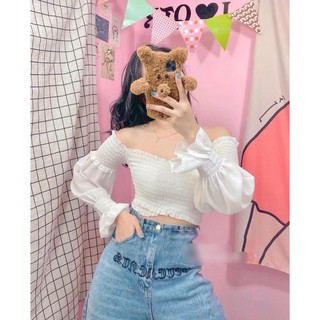 Áo Kiểu Trễ Vai Đắp Chéo / Đen & Trắng