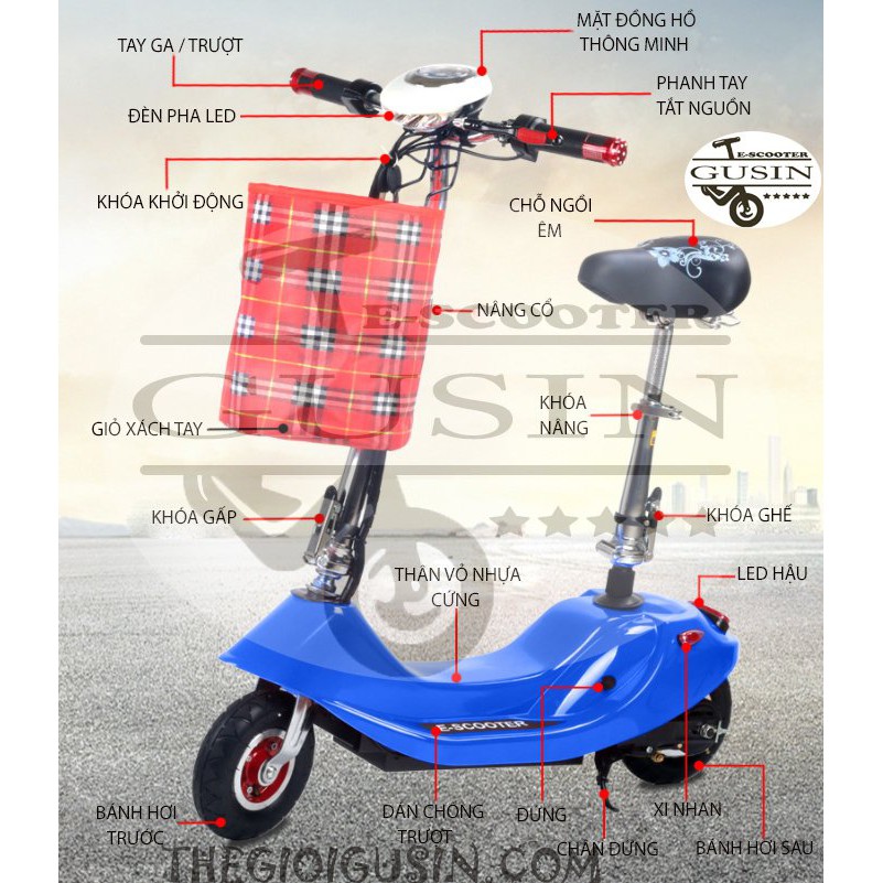 Xe Điện E-scooter mini Màu Xanh Da Trời / GuSin Phân Phối Chính Hãng / Sỉ lẽ Toàn Quốc