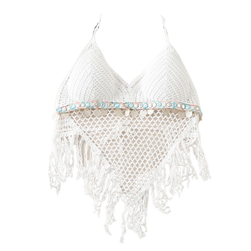 Áo Lót Bikini Cổ Chữ V Hở Lưng Có Viền Tua Rua Kim Sa Lấp Lánh Quyến Rũ Cho Nữ