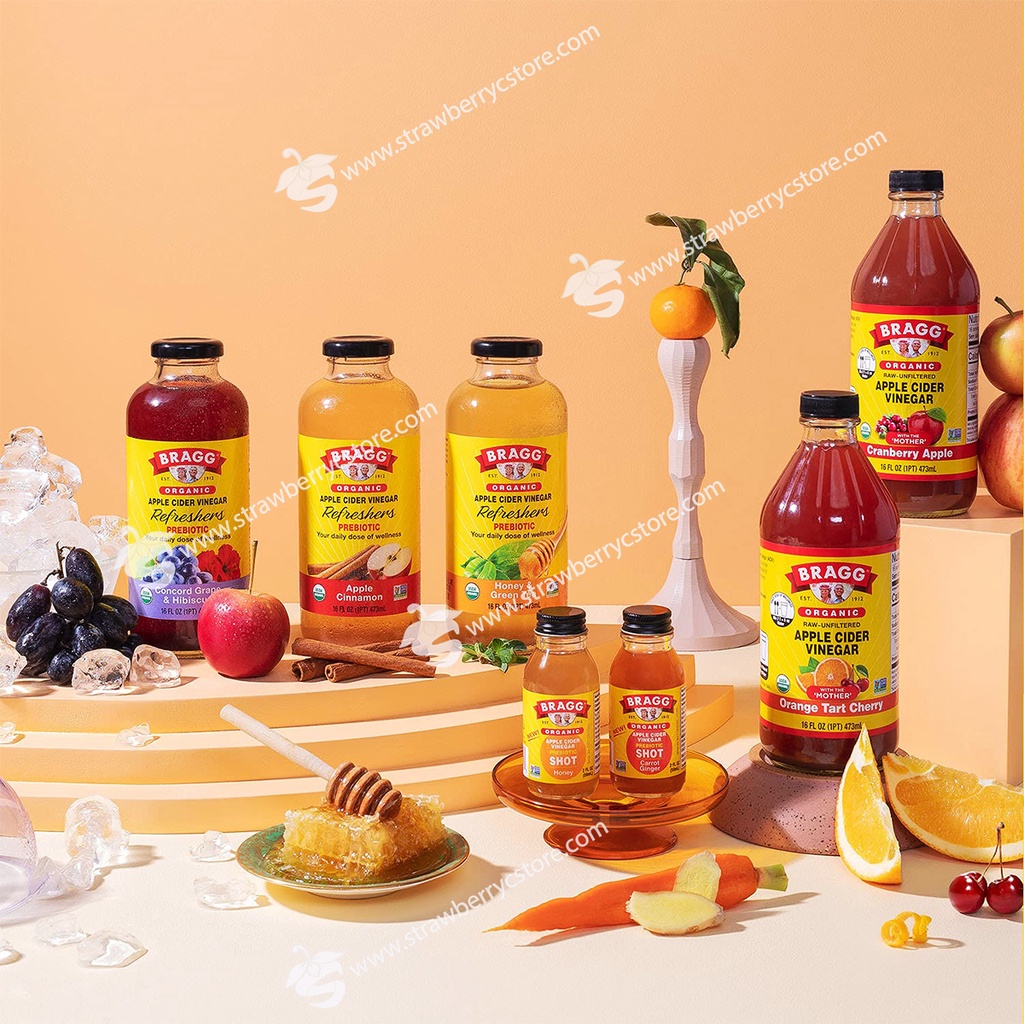 Giấm Táo Mật Ong & Trà Xanh Uống Liền Hữu Cơ Bragg Organic Apple Cider Vinegar Beverage, Honey & Green Tea, Chai 473 mL