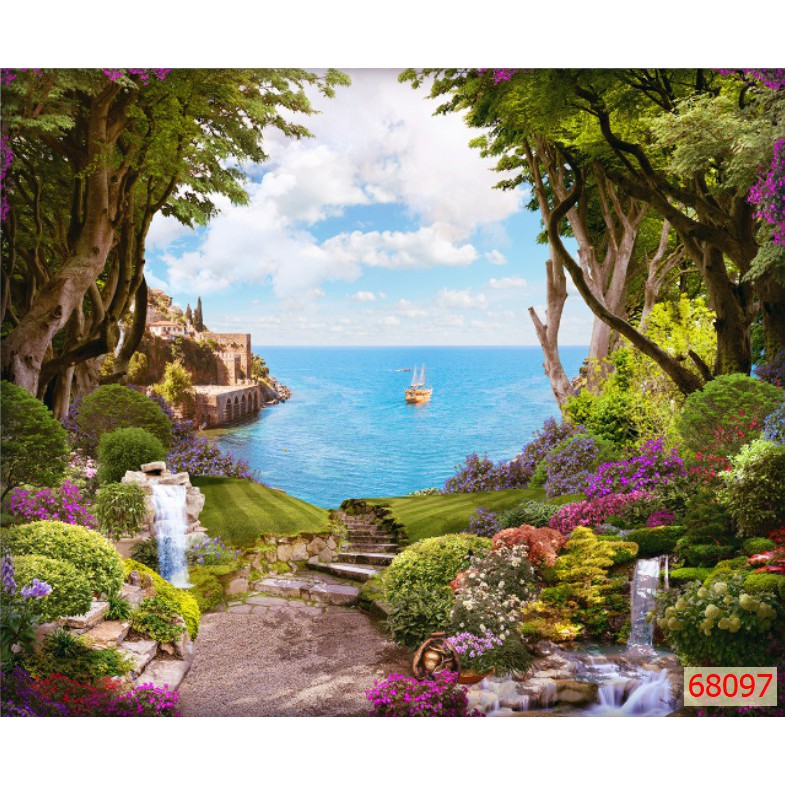 Tranh dán tường 3d phong cảnh thiên nhiên trang trí phòng khách chất liệu decal pp keo sẵn bóc dán atk19