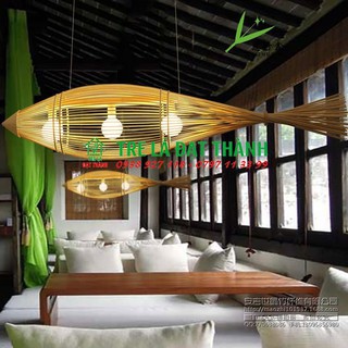 Lồng đen mây tre đan trang trí quán ăn hải sản, đèn tre hình con cá