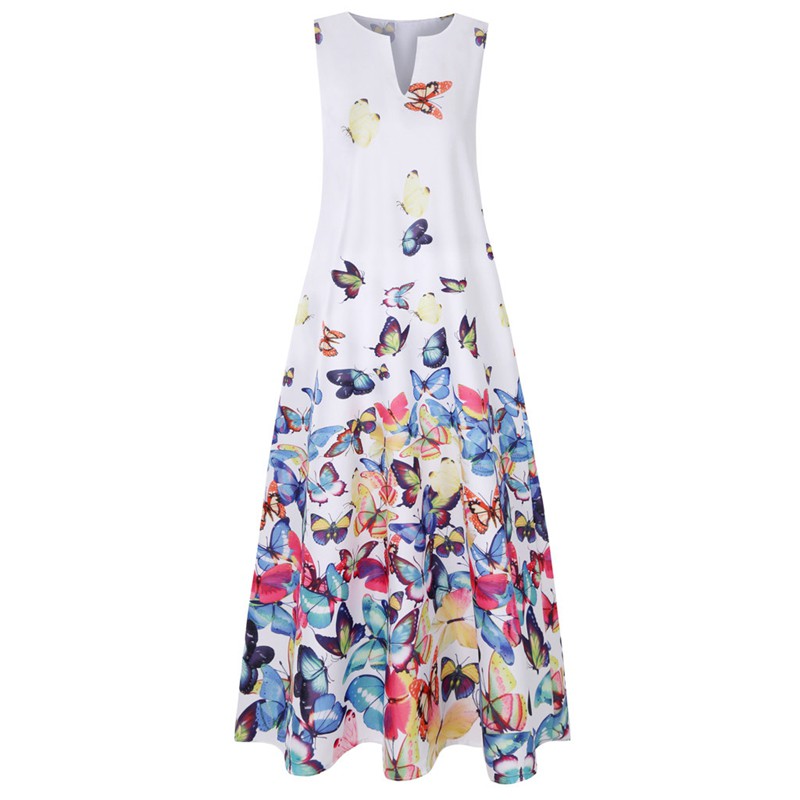 Summer Dress Sleeveless Butterfly Print Maxi Dresses Vintage Women Party Robe Beach Shirt Dress White S