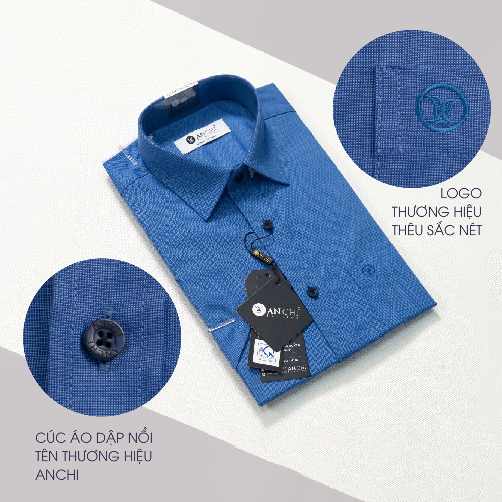 Áo Sơ Mi Nam Ngắn Tay Trung Niên ANCHI Màu Xanh Biển Trơn Vải Sợi Tre Cao Cấp