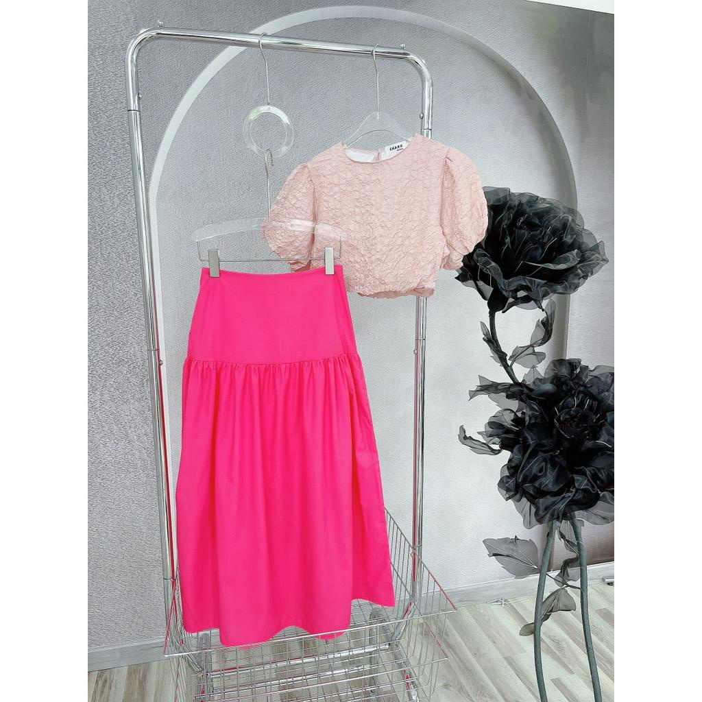 SET ÁO CROTOP XỐP NHÚN TAY PHỒNG CHÂN VÁY MIDI XẾP LY HỒNG SEN (TH)