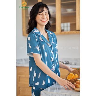 Bộ Lụa Họa Tiết Mèo Len XĐ - Dài