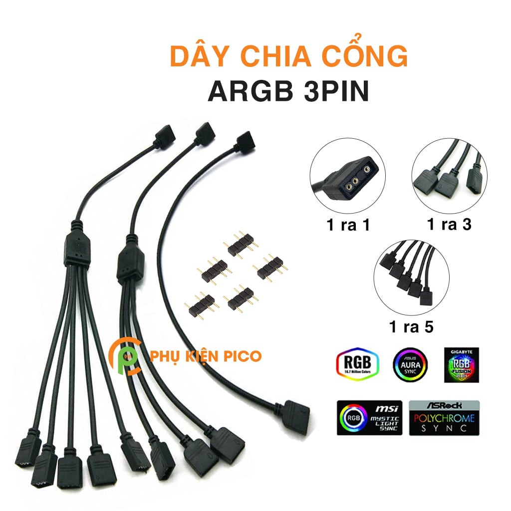 Dây chia cổng ARGB 3pin loại 1 ra 1, 3, 5 kèm jump 2 đầu đực tương ứng với đầu chia