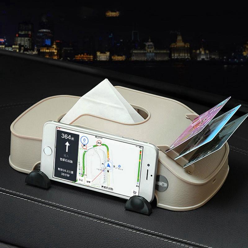 Car Tissue Box Holder Napkin Organizer Tissue Paper Boxes Container Phone Holder Card Slot Black Brown Auto Storage