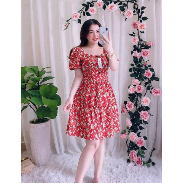 Đầm hoa lụa tay bồng nút giữa freesize 40-60kg