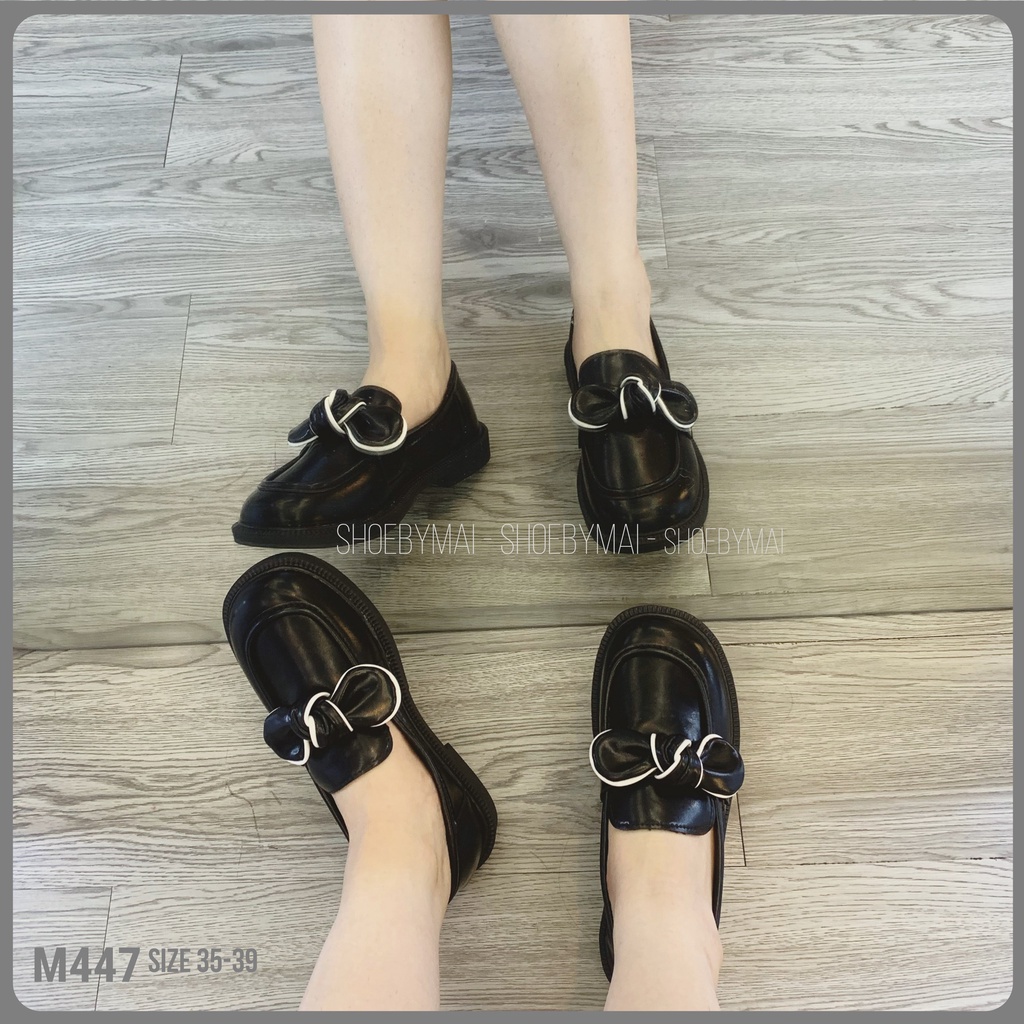Giày đế bằng nơ Anh reto da lì mềm M447