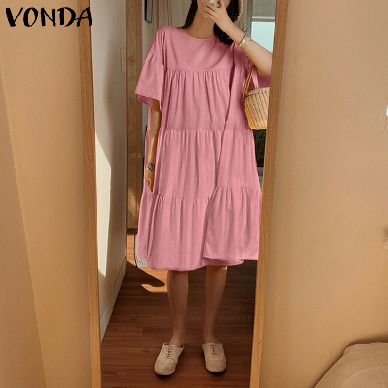 Đầm Tay Ngắn VONDA Màu Trơn Thiết Kế Dáng Rộng Phong Cách Hàn Quốc | BigBuy360 - bigbuy360.vn