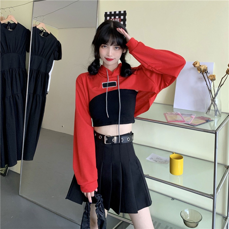 Youyo Áo Hoodie Crop Top Phối Dây Rút Phong Cách Punk Hip Hop Gothic Dành Cho Nữ