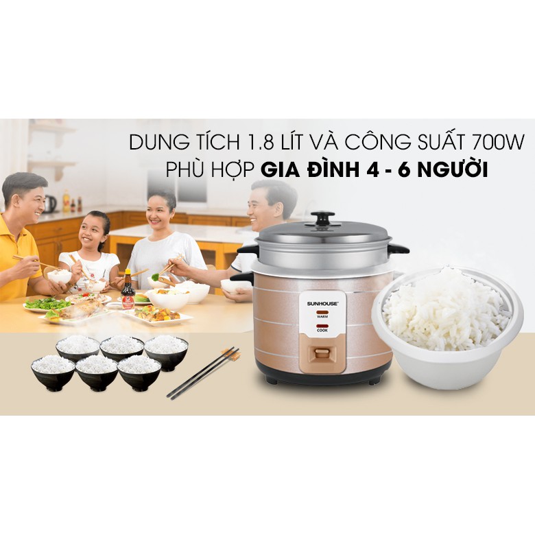 Nồi cơm điện Sunhouse SHD8125 1,8L nồi cơm điện nắp rời đa năng nhỏ gọn chính hãng giá rẻ - Genkoli Store