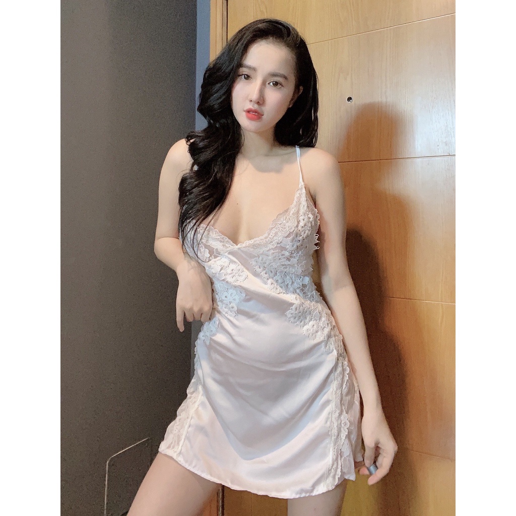 Đồ ngủ sexy / Đầm 2 dây phối hoa ngực và eo, chất liệu satin cao cấp loại 1, kèm quần đùi siêu cute, freesize dưới 65kg | BigBuy360 - bigbuy360.vn