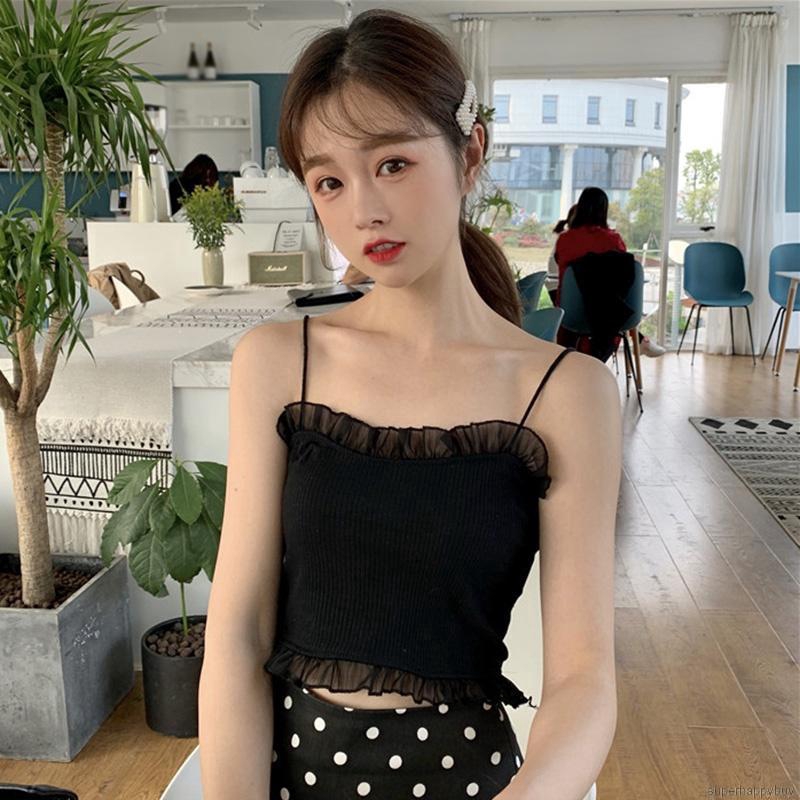 Áo Lửng Hai Dây Nhún Bèo Phong Cách Hàn Quốc Quyến Rũ Dành Cho Nữ