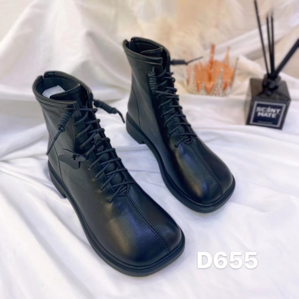 Giày bốt ngắn mũi vuông nữ Martin boots sinh viên Phiên bản Hàn Quốc hoang dã mùa thu đông 2021 mới đáy phẳng dây kéo ph