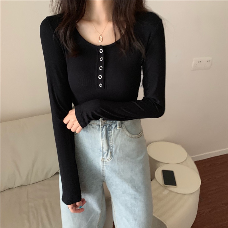 Áo thun dệt kim Croptop tay dài - A07