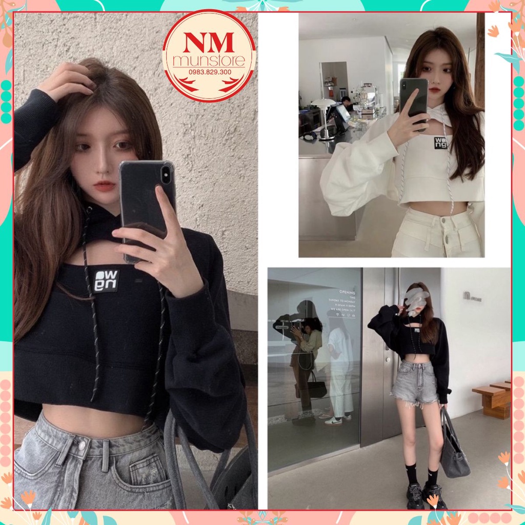 💟 [ ẢNH THẬT ] 💕 Set Áo Thun Sweater Croptop Dài Tay Cutout có Mũ + Áo 3 Lỗ Phối Thêu Siêu Chất 💕