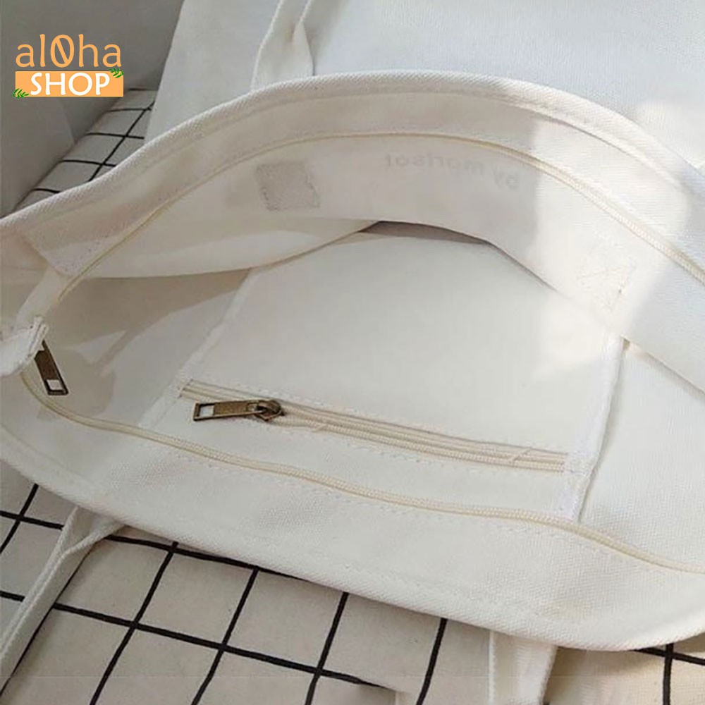 Túi tote đeo vai vải bố canvas T052 nữ in chữ by merciparis có khóa kéo, mềm, đẹp phong cách Hàn