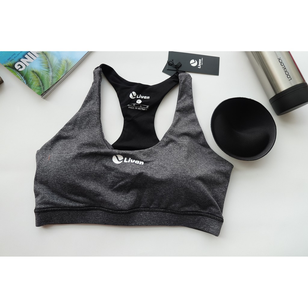 Áo bra tập gym màu xám phối đen (Livan)