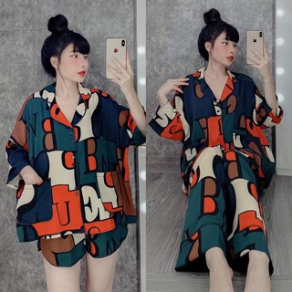 Đồ bộ pijama hình lập thể nâu lụa satin cao cấp