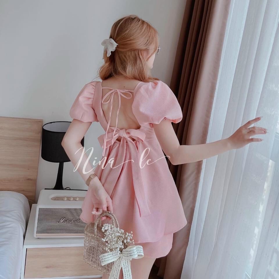 Sét đồ bộ nữ dễ thương áo tay phồng cổ vuông cột nơ lưng kèm quần đùi trẻ trung