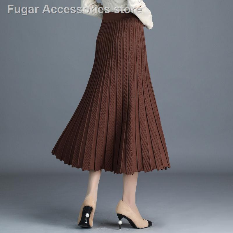 Chân váy len dài xếp ly dáng chữ A kiểu lưng cao thời trang nữ mùa thu đông mới