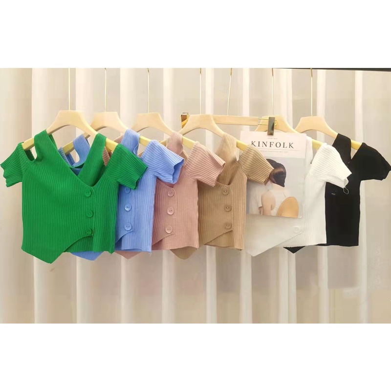 SUXI Áo Croptop Dệt Kim Tay Ngắn Cổ Chữ V Thiết Kế Trễ Vai Thời Trang Mùa Hè Mới Cho Nữ